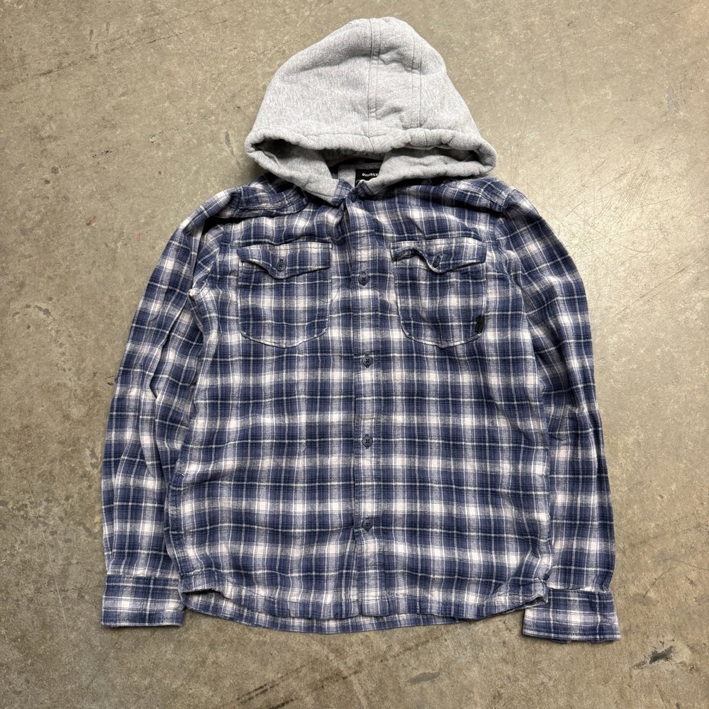 Quiksilver Boys Blue Plaid Hooded Flannel Shirt Size Medium M Regular Fit Hoody